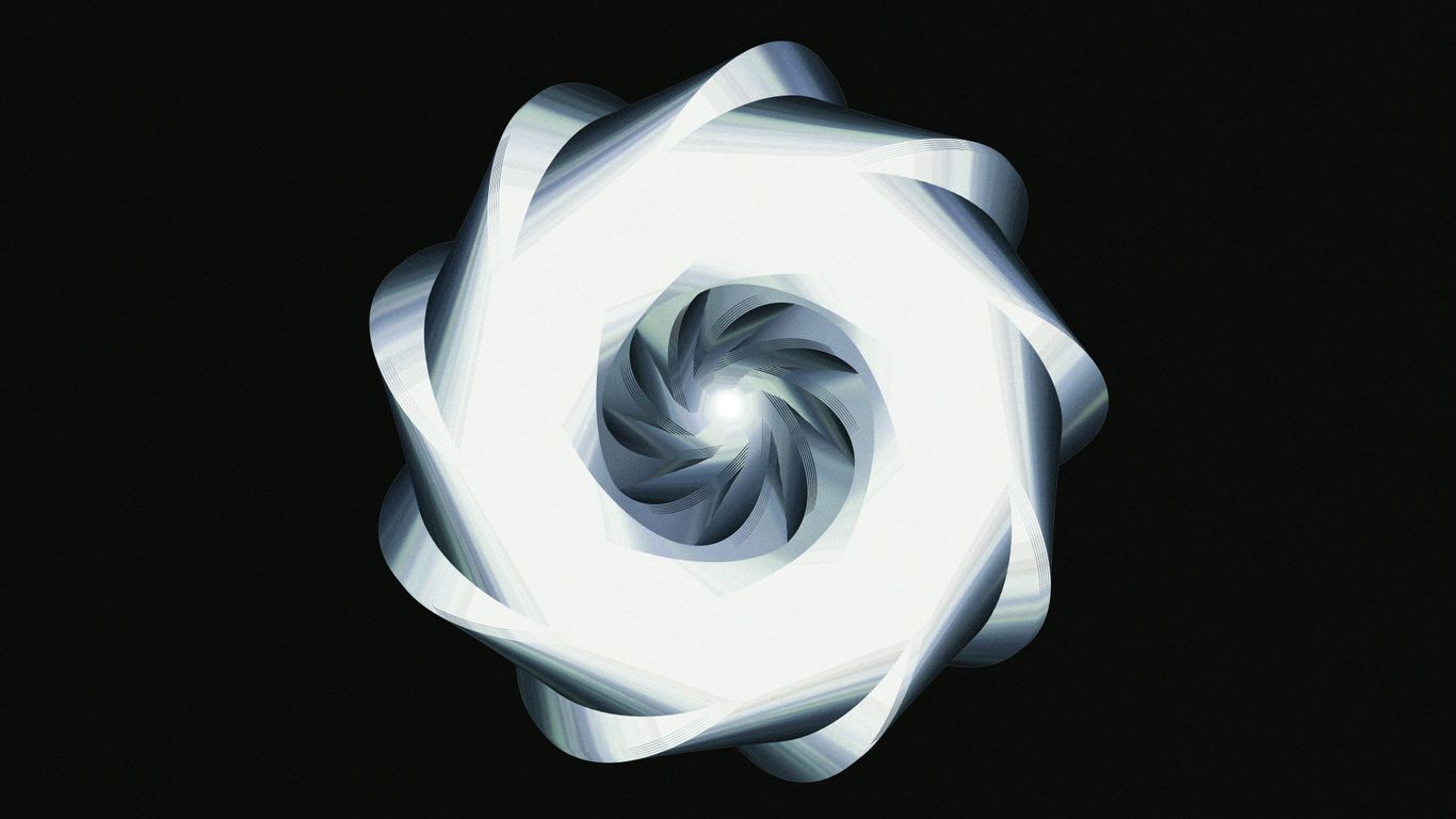 A luminous, spiraling design against black.