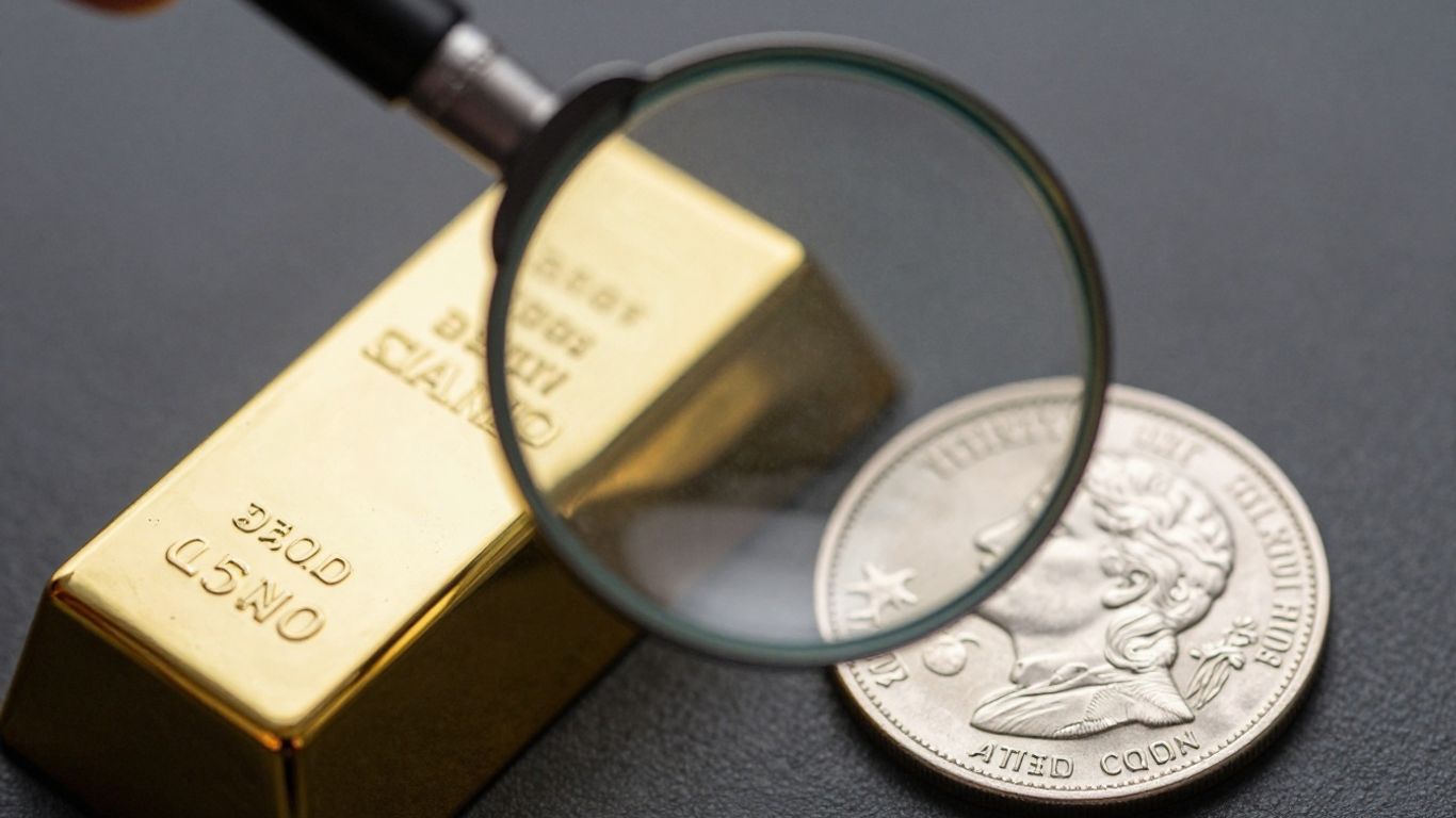 Magnifying glass over gold bar and silver coin.