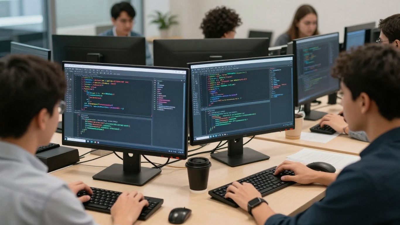 Desarrollo de software en oficina moderna con programadores.