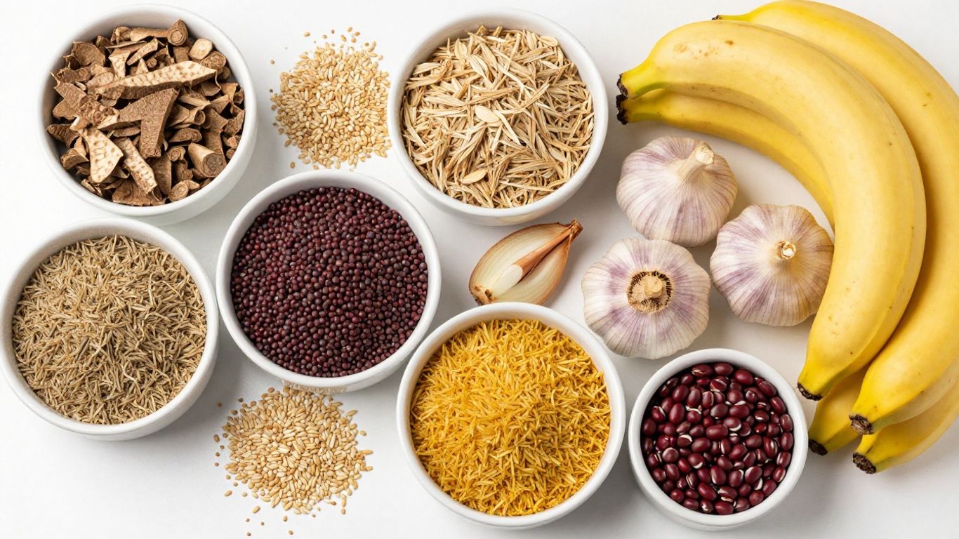 Assortment of prebiotic foods like chicory root, garlic, onions, and bananas.