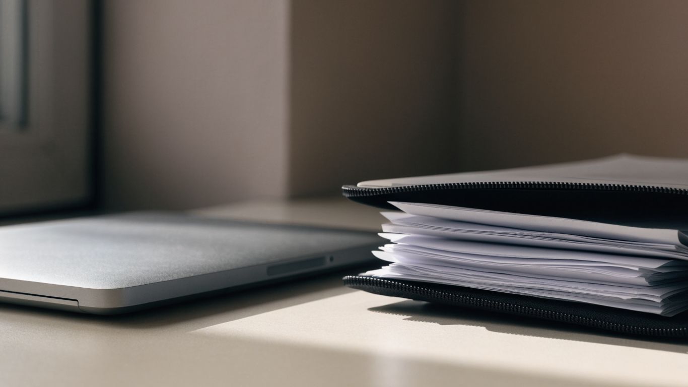 Financial documents secured beside a laptop