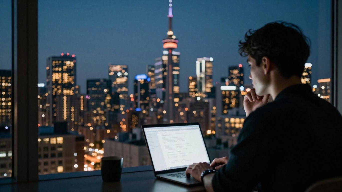 Toronto skyline and a person looking at a laptop screen.