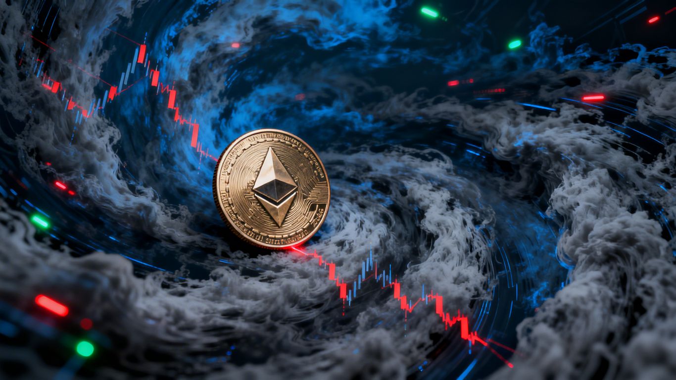 Ethereum coin falling amidst market uncertainty.