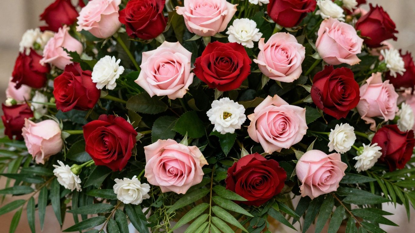 Elegant wedding floral arrangement with roses and greenery.