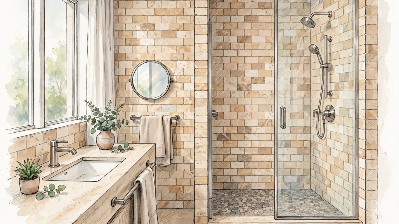 Travertine used across a bathroom wall and shower floor