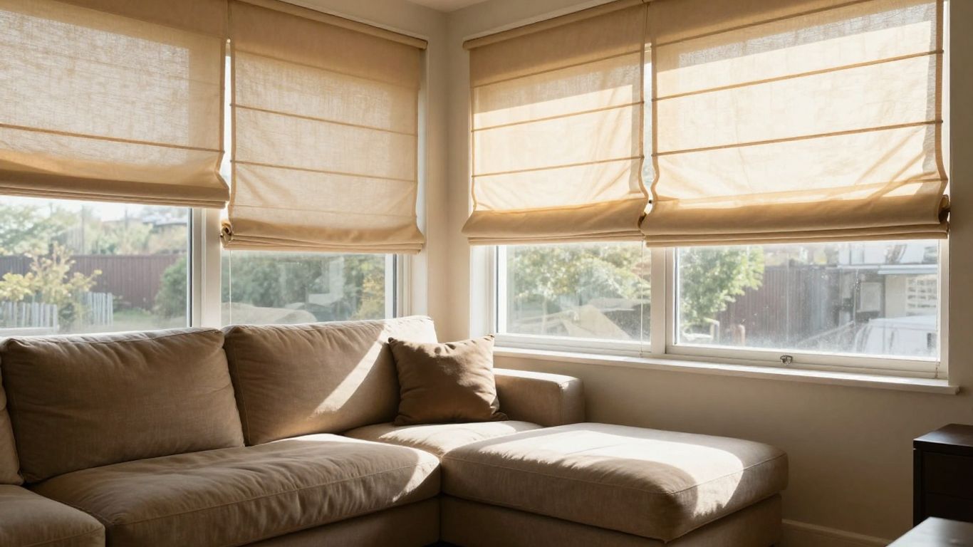 Various window blinds in a sunlit room.