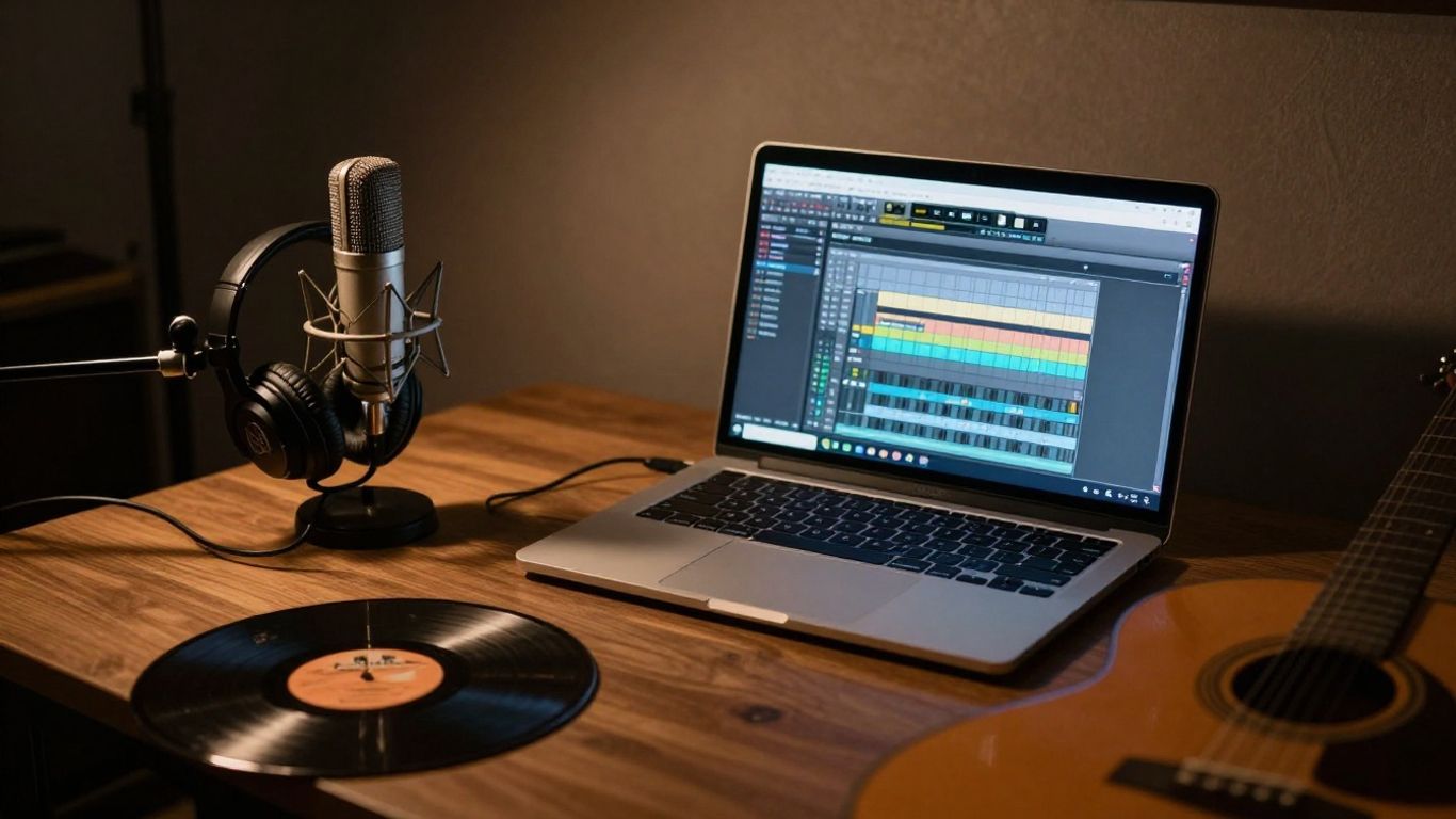 Lo-fi music production setup with laptop, microphone, and headphones.