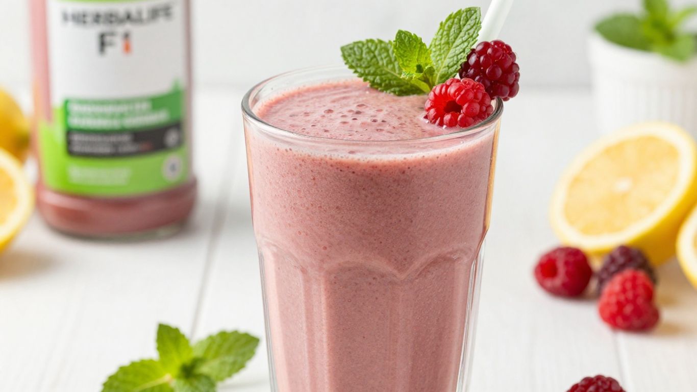 Herbalife F1 shake with fruit garnish