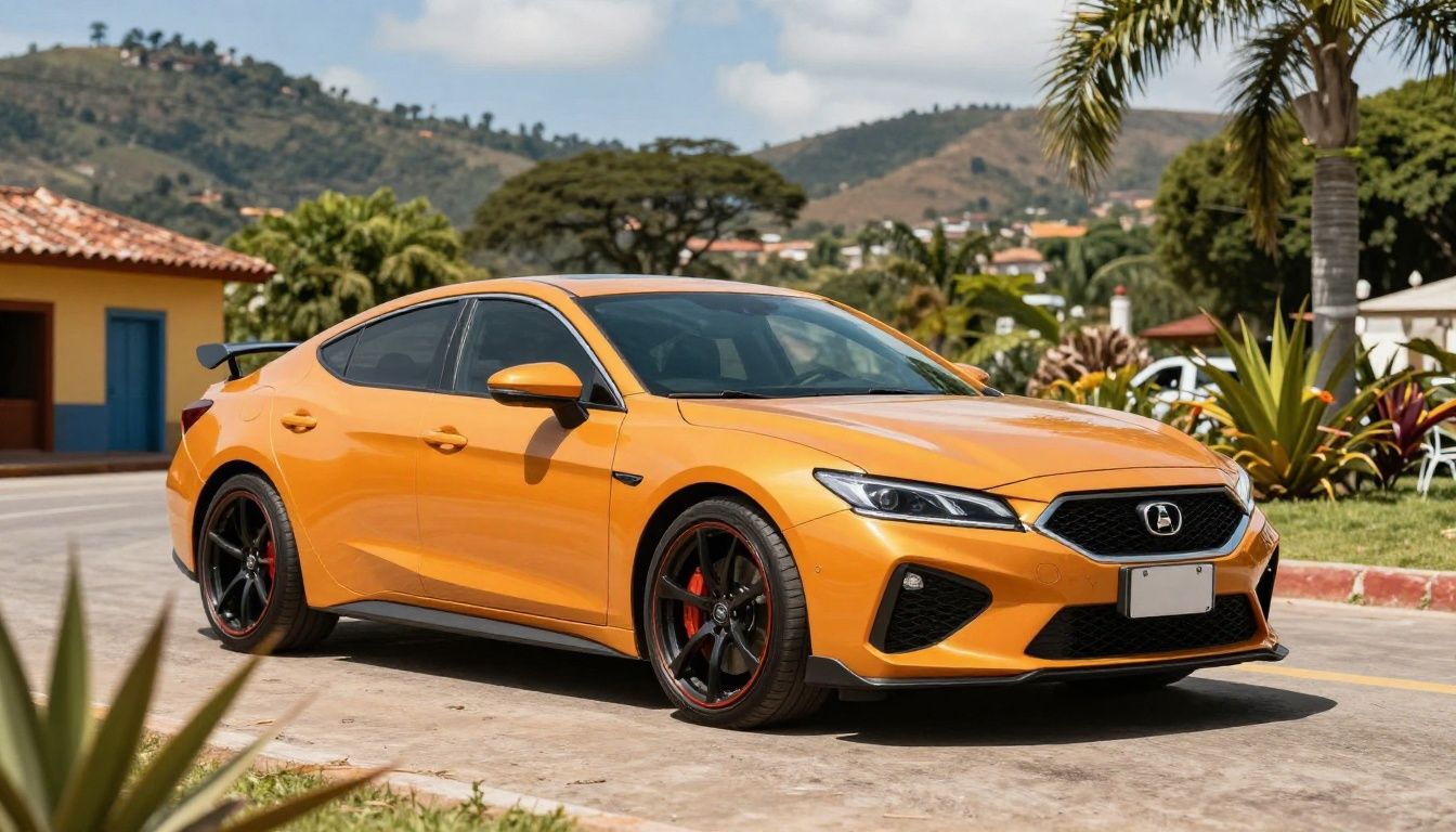 Um carro esportivo de elite acelerando em uma estrada sinuosa cercada por uma paisagem mexicana vibrante e ensolarada