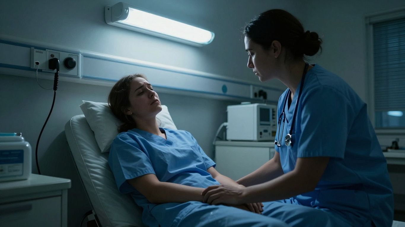 Exhausted nurse in Australian hospital break room.