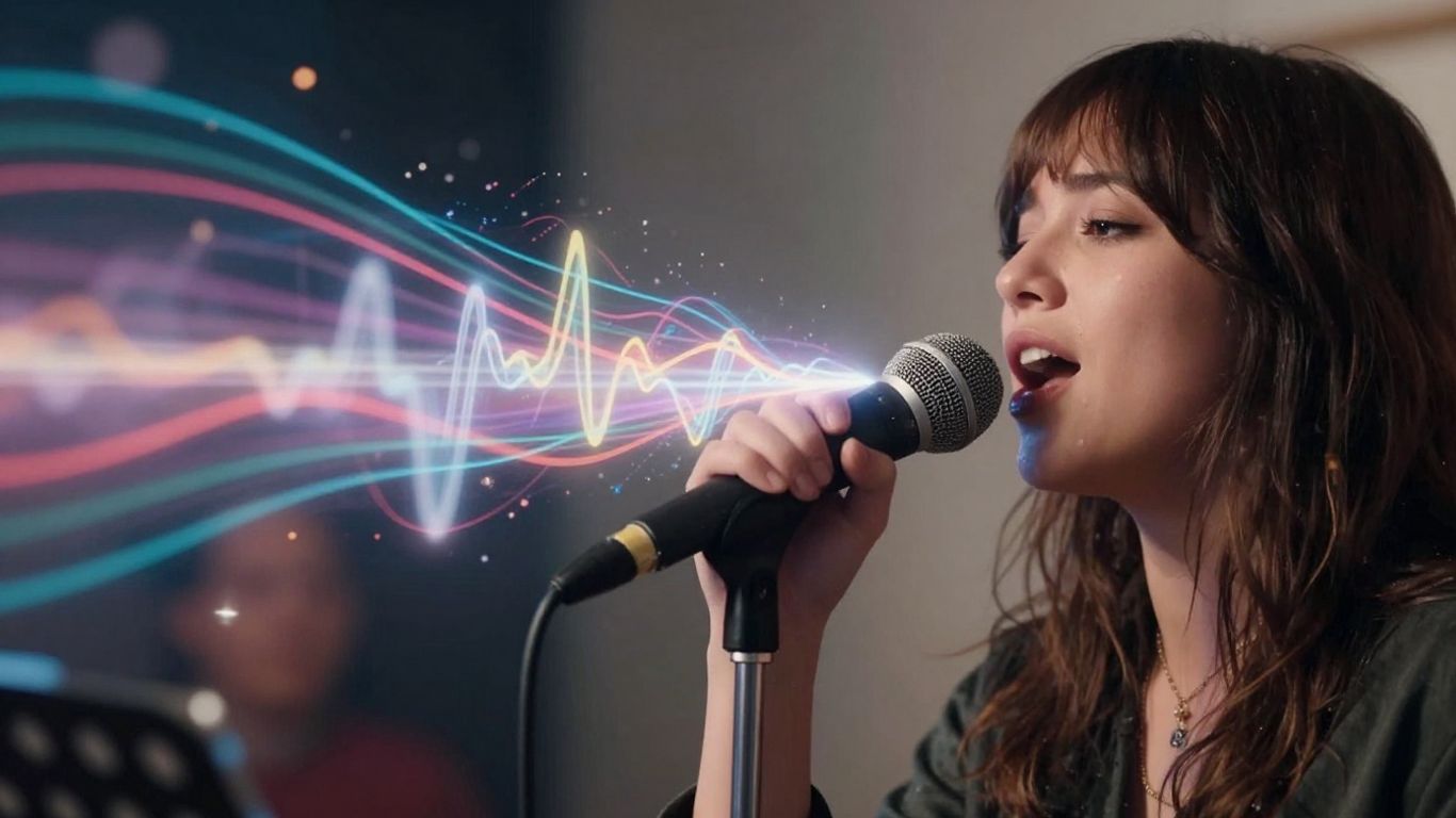 Person singing into microphone with sound waves