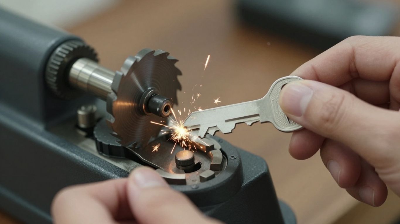 Key cutting machine duplicating a house key.