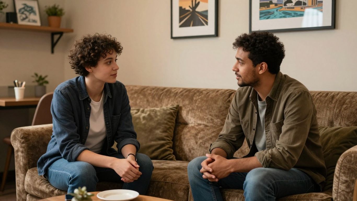 Support worker chatting with young adult in hostel lounge