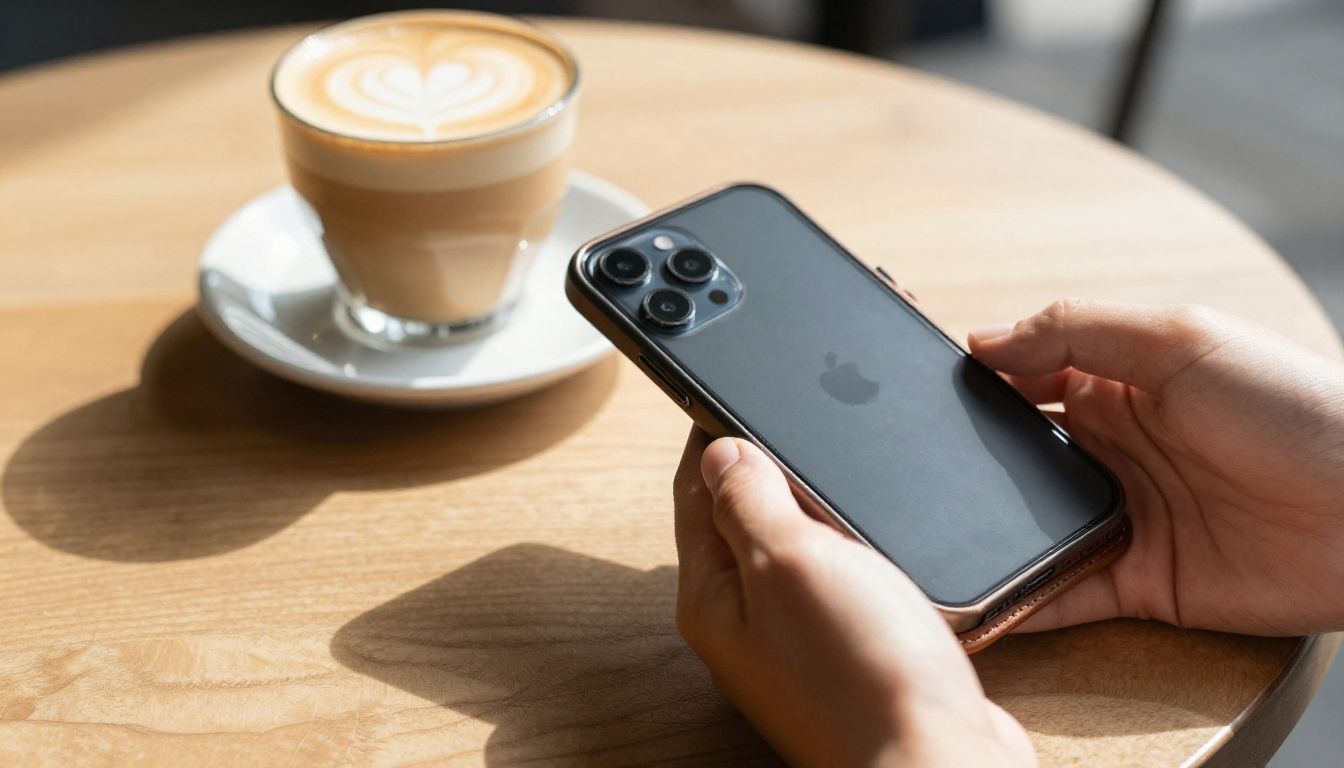 A person in a sunlit Australian cafe using their iPhone 17 in a leather wallet case to tap and pay for a flat white coffee.