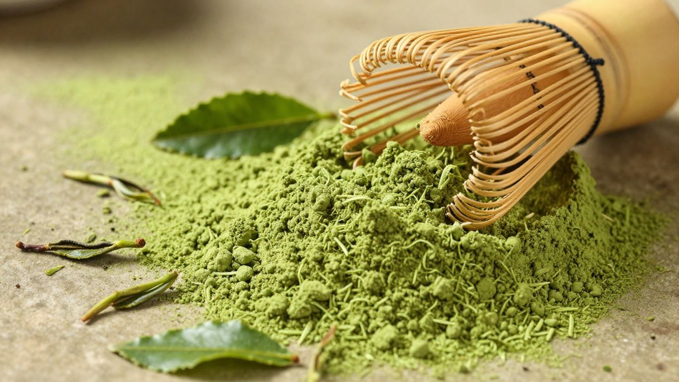 Vibrant green matcha powder with bamboo whisk and tea leaves.