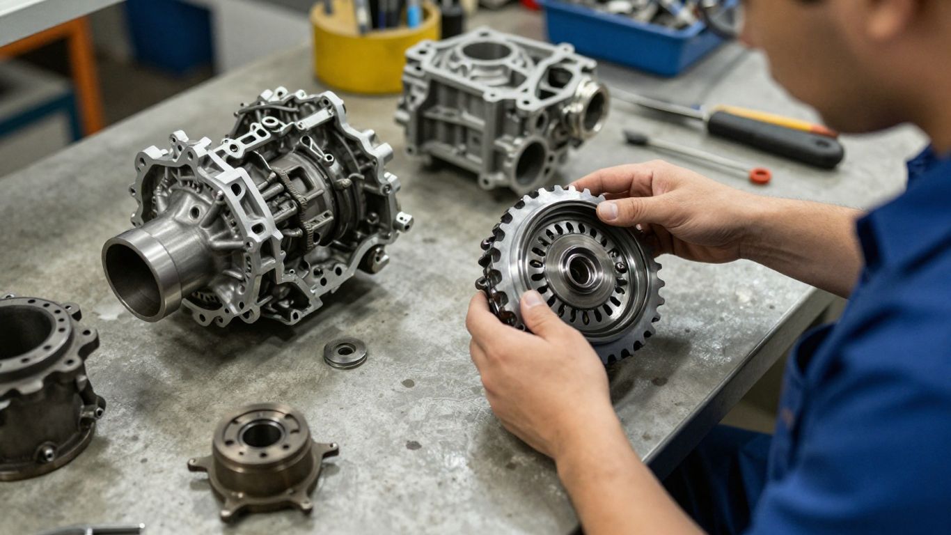 Technician comparing transmission components in workshop