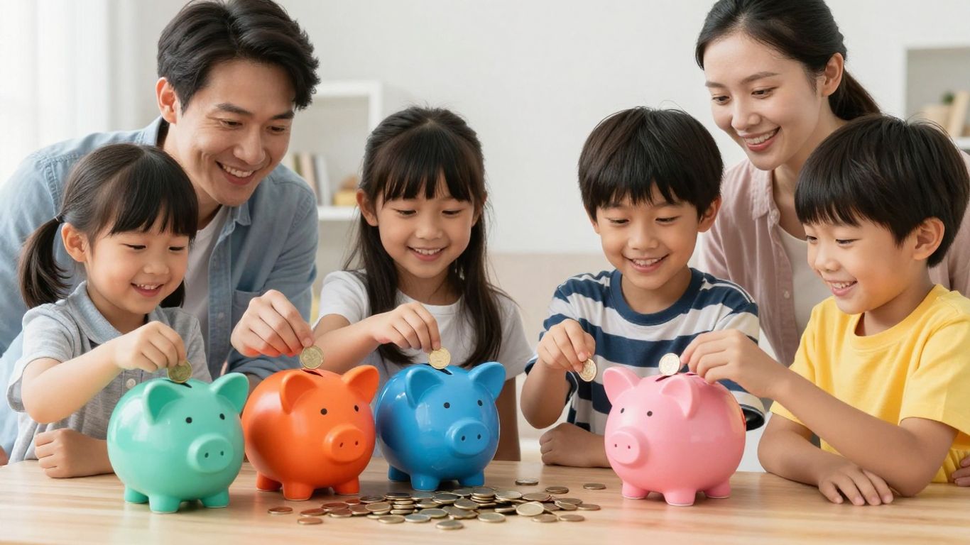 Familia aprendiendo sobre finanzas con alcancías y monedas.