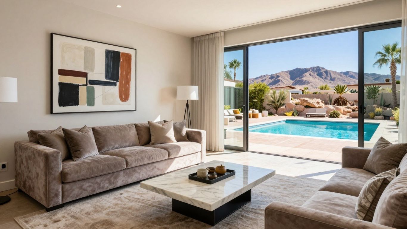 Luxury Scottsdale rental living room with pool view.