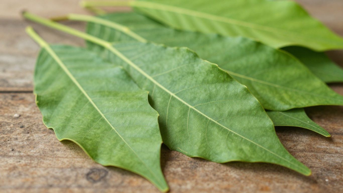 White Sumatra kratom leaves on a wooden surface.