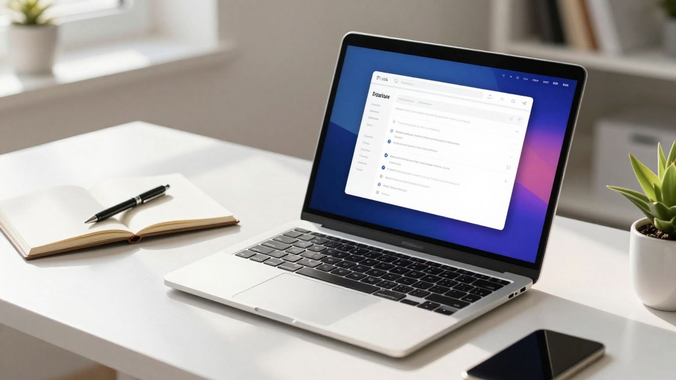 Laptop displaying content strategy interface on a desk.