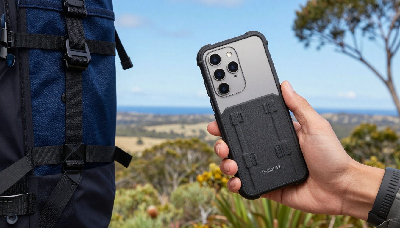 A hiker taking a photo with their Galaxy S26 Ultra, which is secured in a heavy-duty case, with a scenic Australian bushland background.