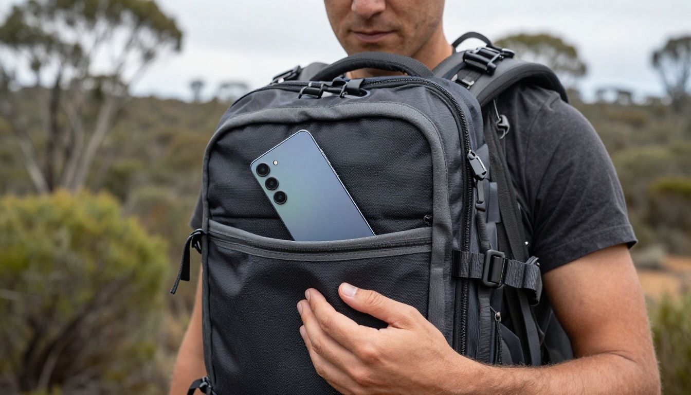 A person in hiking gear carefully placing their Galaxy S25 in a heavy-duty case into their backpack, with a scenic Australian bush trail in the background.
