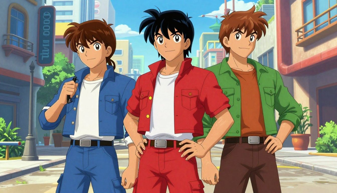 Uma representação artística vibrante de personagens icônicos de videogames clássicos em um cenário de cidade futurista