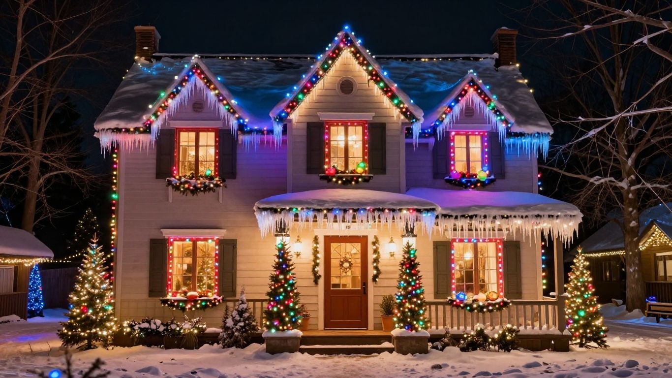 House decorated with professional Christmas lights at night.