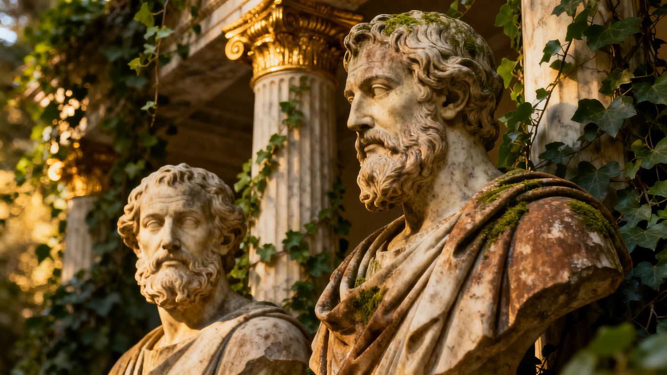 Busts of famous philosophers in a scholarly, natural setting.