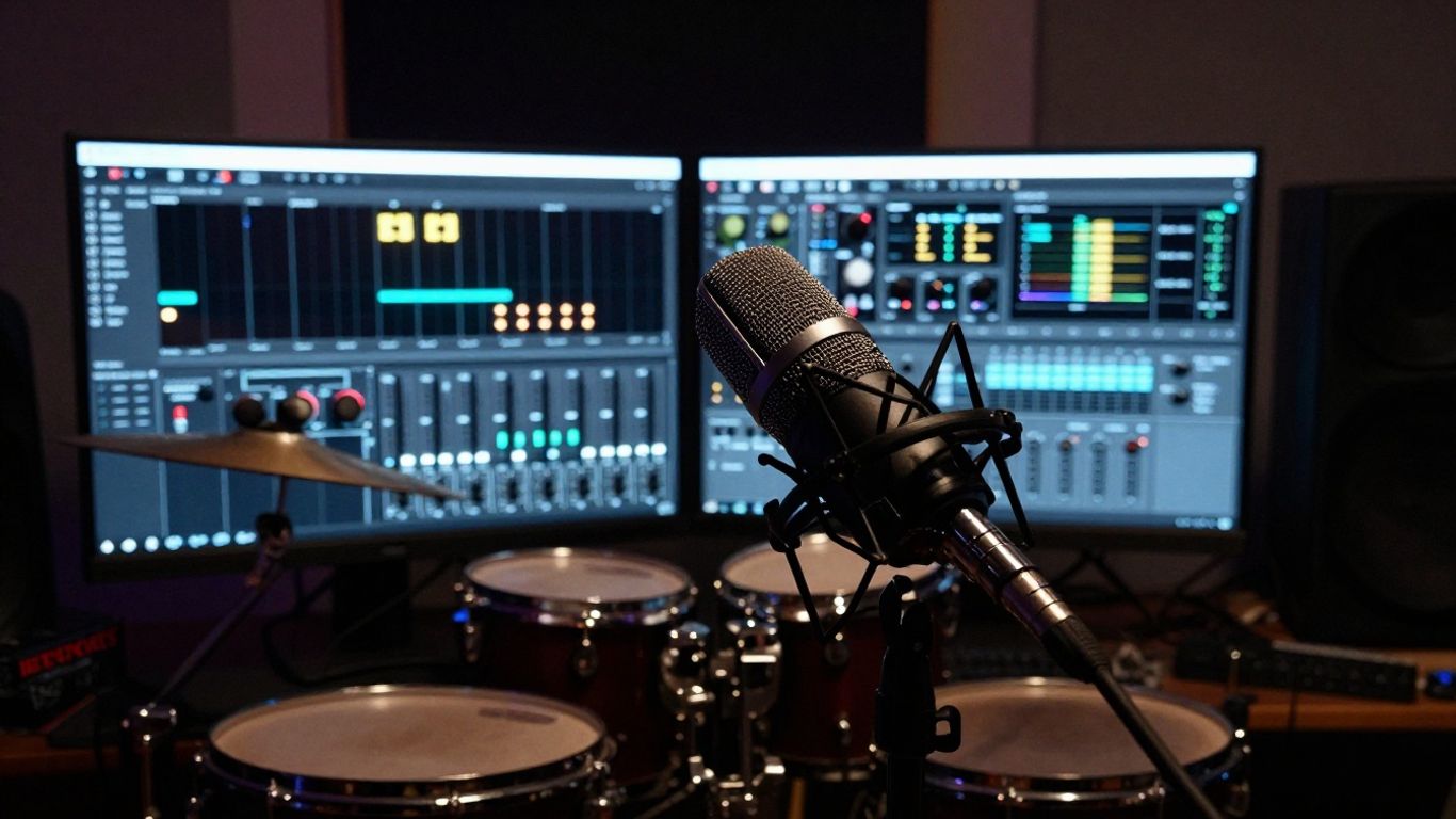 Drum kit in studio with audio plugins