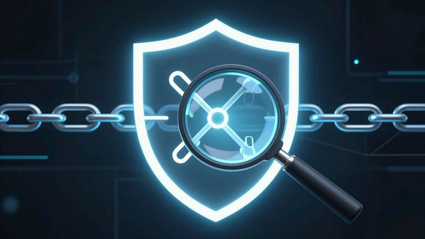 Digital shield protecting a chain link from threats.