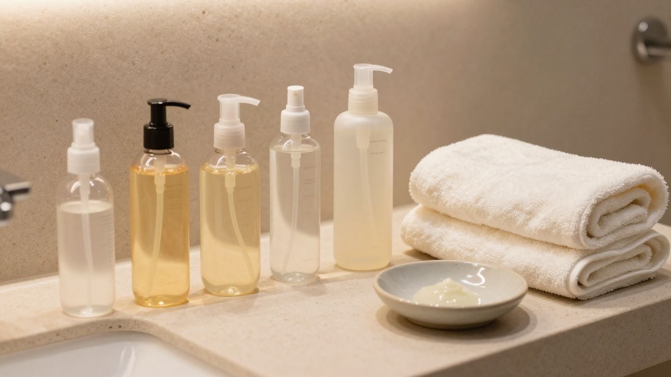 A selection of personal lubricant bottles beside soft towels