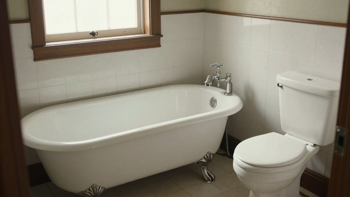 Vintage bathroom with clawfoot tub and porcelain toilet.