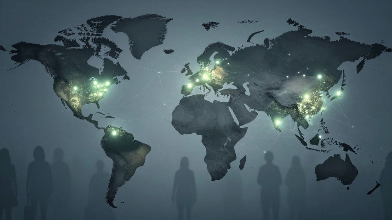 World map with disappearance hotspots and digital connections.