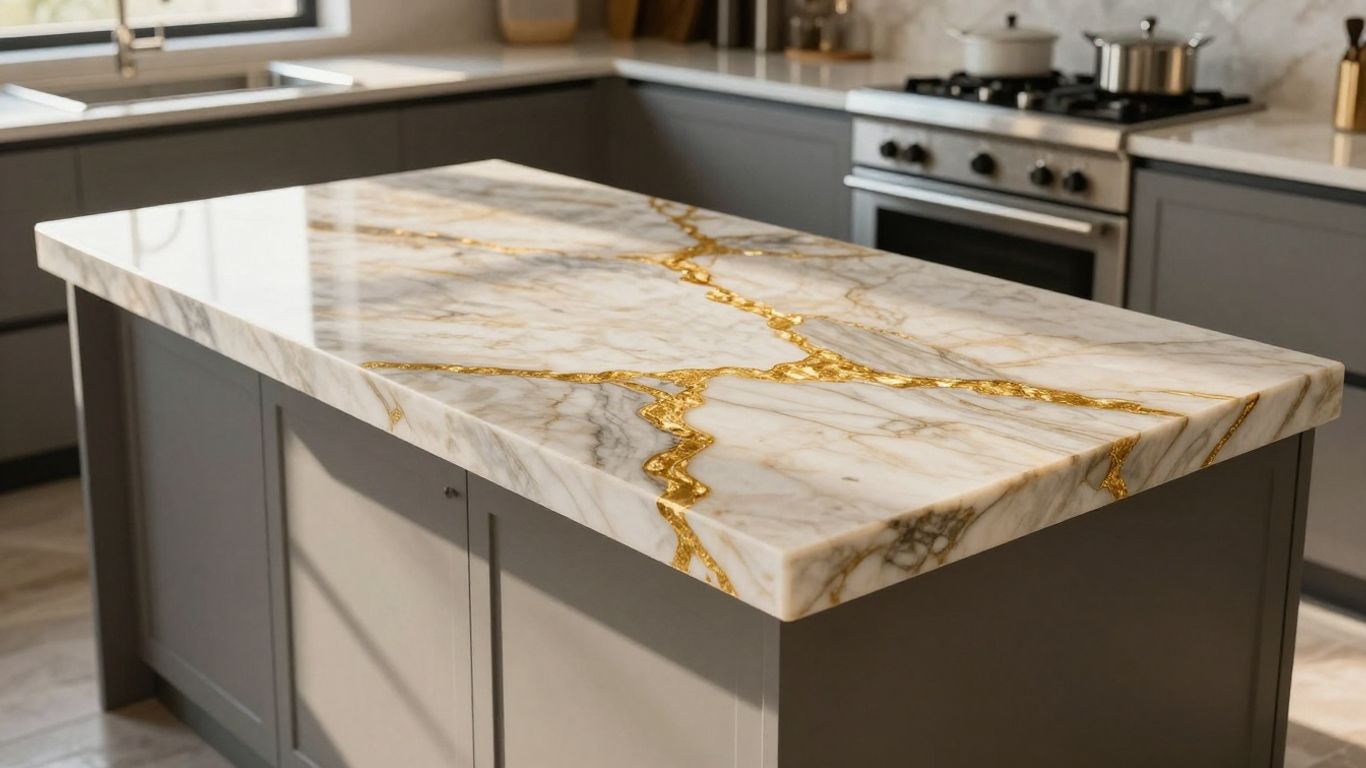 Calacatta Gold quartz worktop on kitchen island.