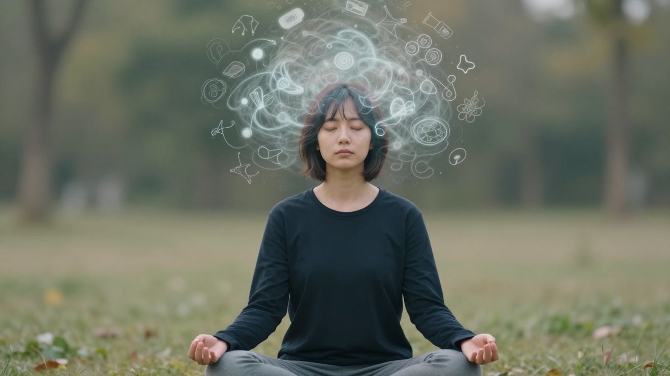 Person meditating with swirling thoughts around head.