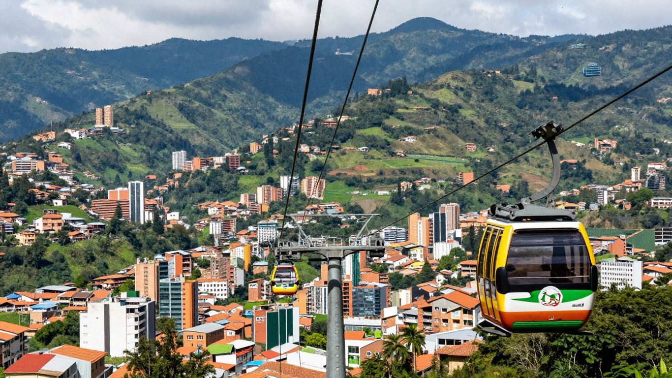 Medellin Metrocable Line J cable cars over city and mountains.
