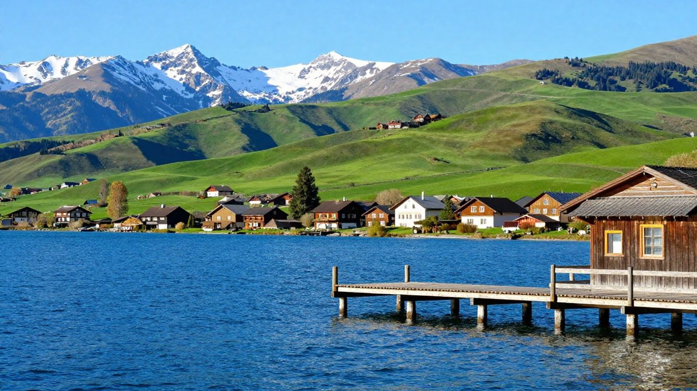 Scenic view of a lake town with mountains.