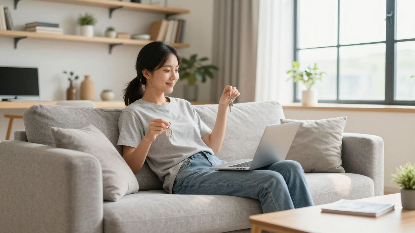 Persona feliz con llaves en sala de estar