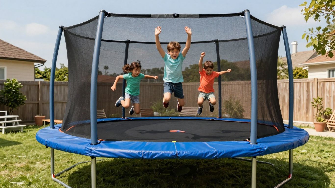 JumpYeti 14' trampoline with kids bouncing in a backyard.