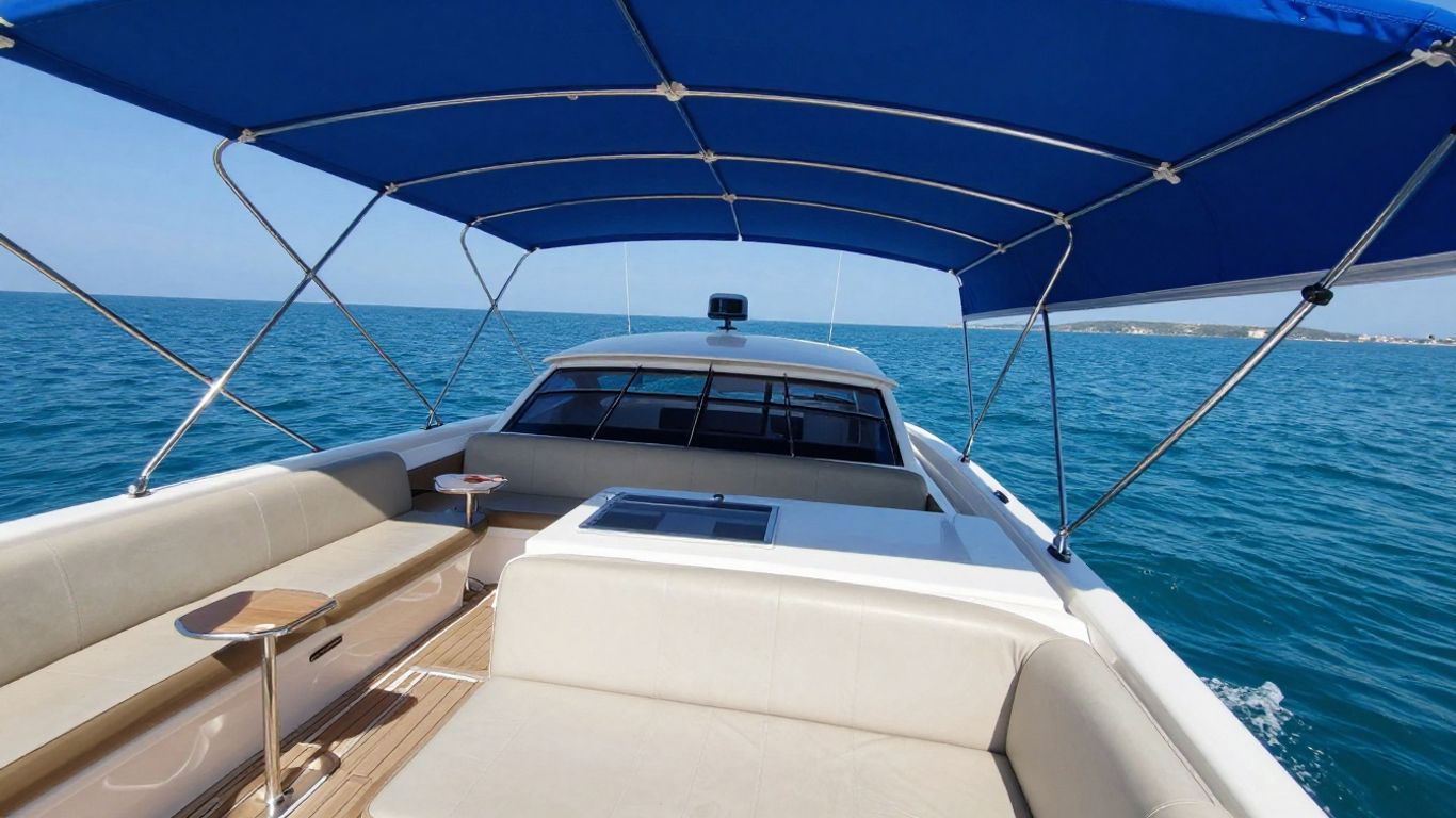 Boot met zonnescherm op het water