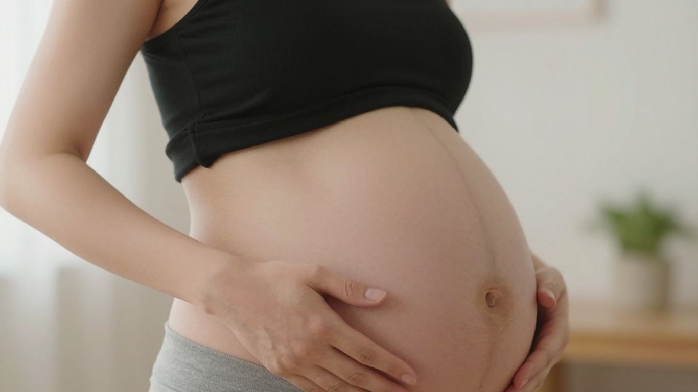 Mujer embarazada acunando su vientre en la semana 33.