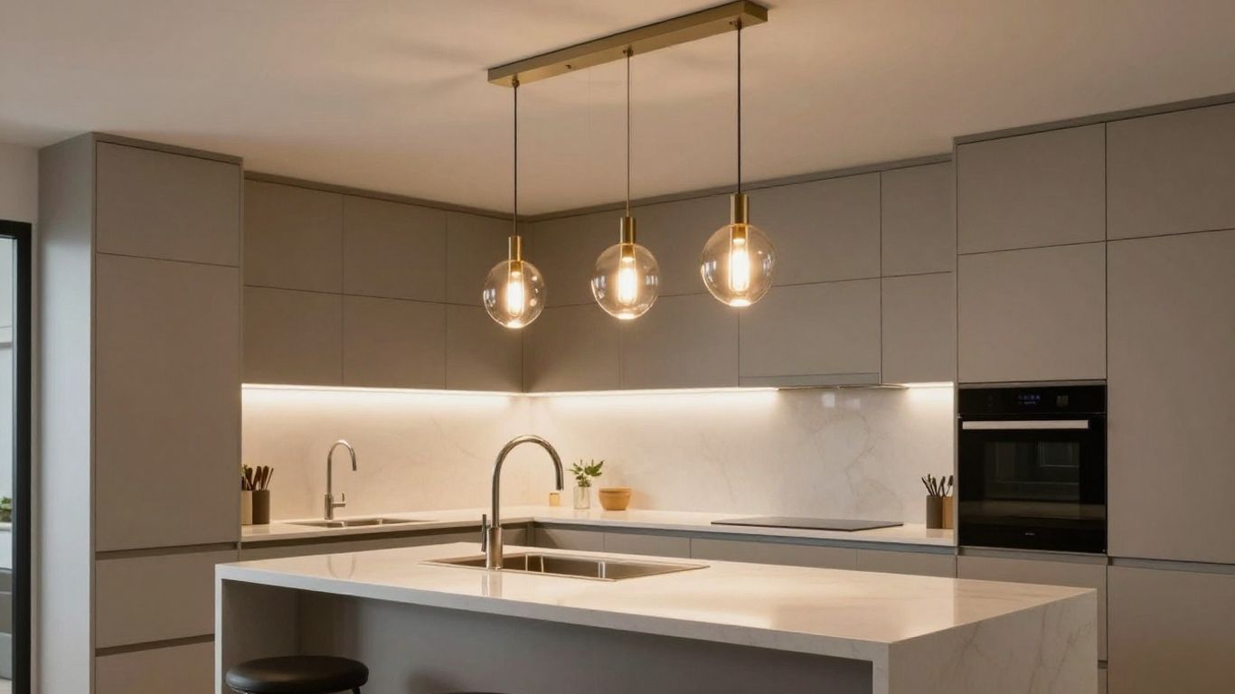 Modern kitchen ceiling lights illuminating a stylish kitchen island.