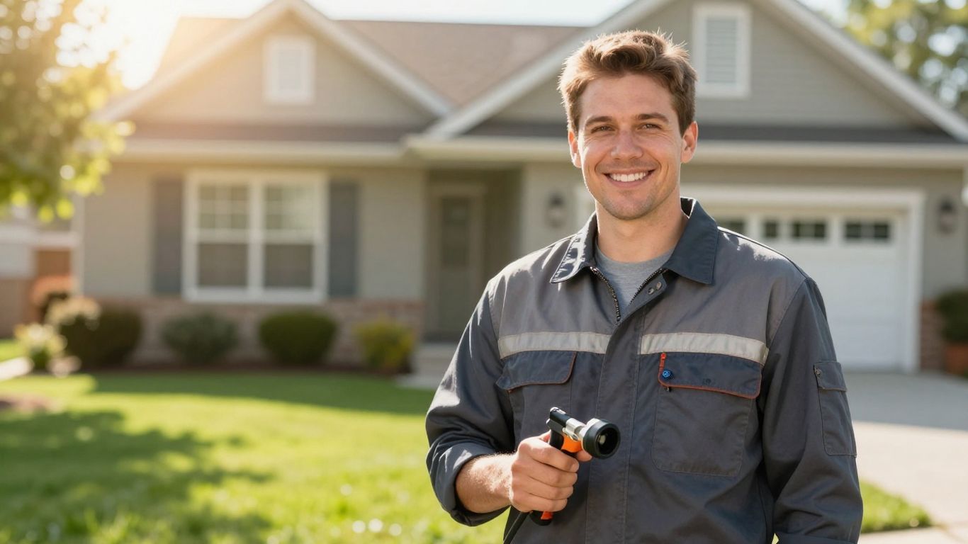 HVAC technician smiling outside a Macomb County home.
