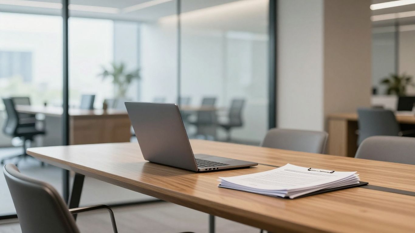 A professional business meeting with a laptop and documents