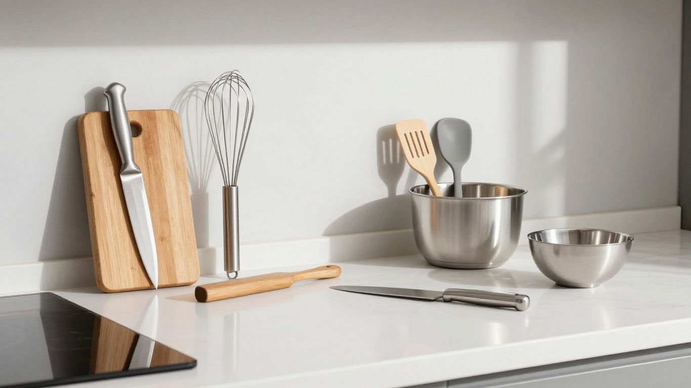 Utensilios de cocina organizados en una encimera moderna.