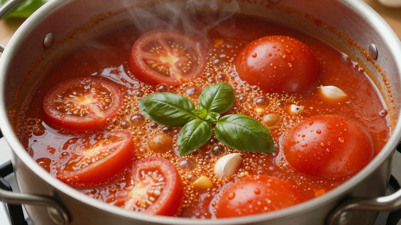 Bubbling marinara sauce with fresh ingredients on a stovetop.