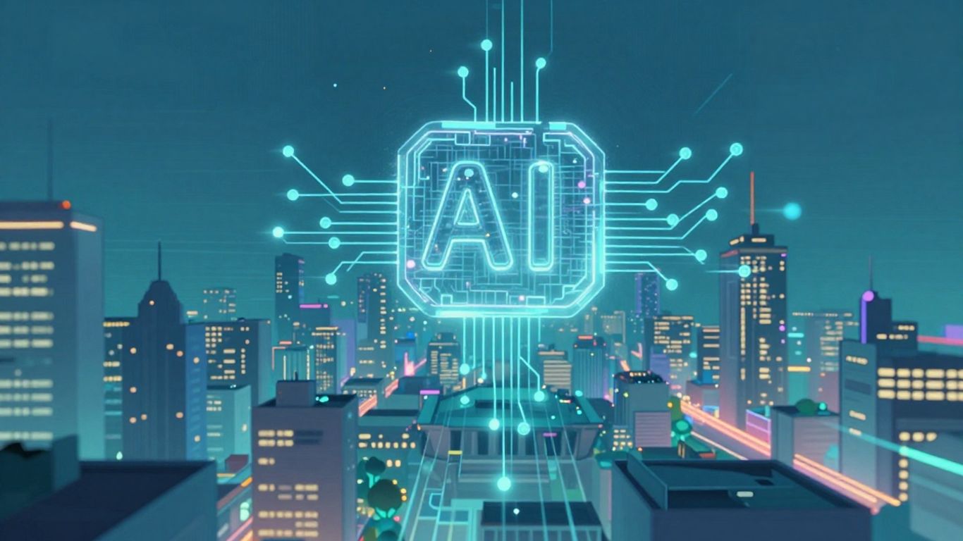 Futuristic cityscape with AI data streams.