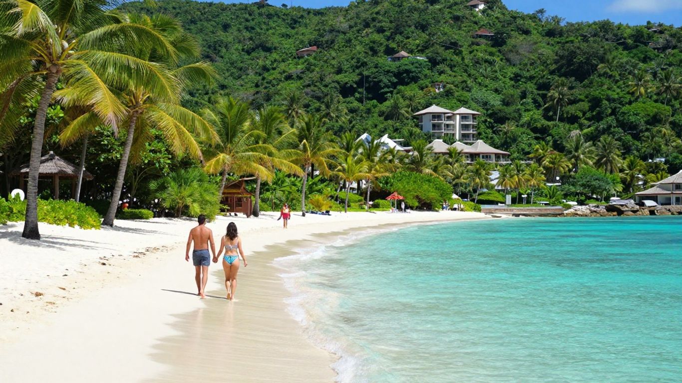 Couple walking on a tropical beach with palm trees.