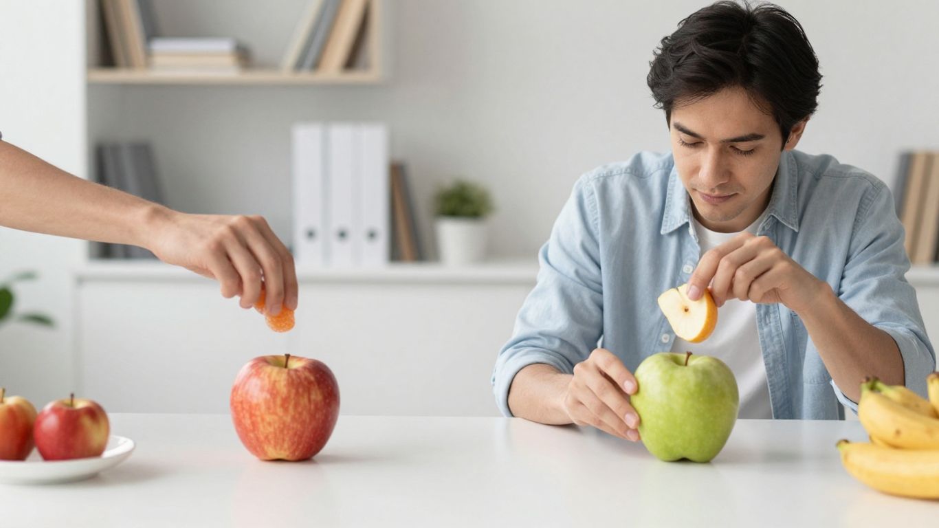 Person swapping unhealthy snack for fruit.